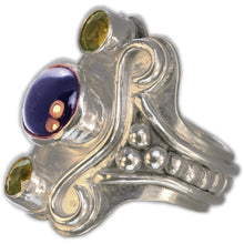 Load image into Gallery viewer, Blue 8 x 10 mm Sapphire x 2 Olive Green Tourmalines Size 7.25 One-of-a-Kind
