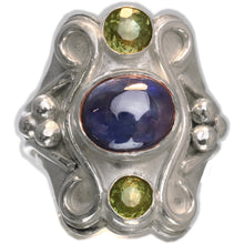 Load image into Gallery viewer, Blue 8 x 10 mm Sapphire x 2 Olive Green Tourmalines Size 7.25 One-of-a-Kind
